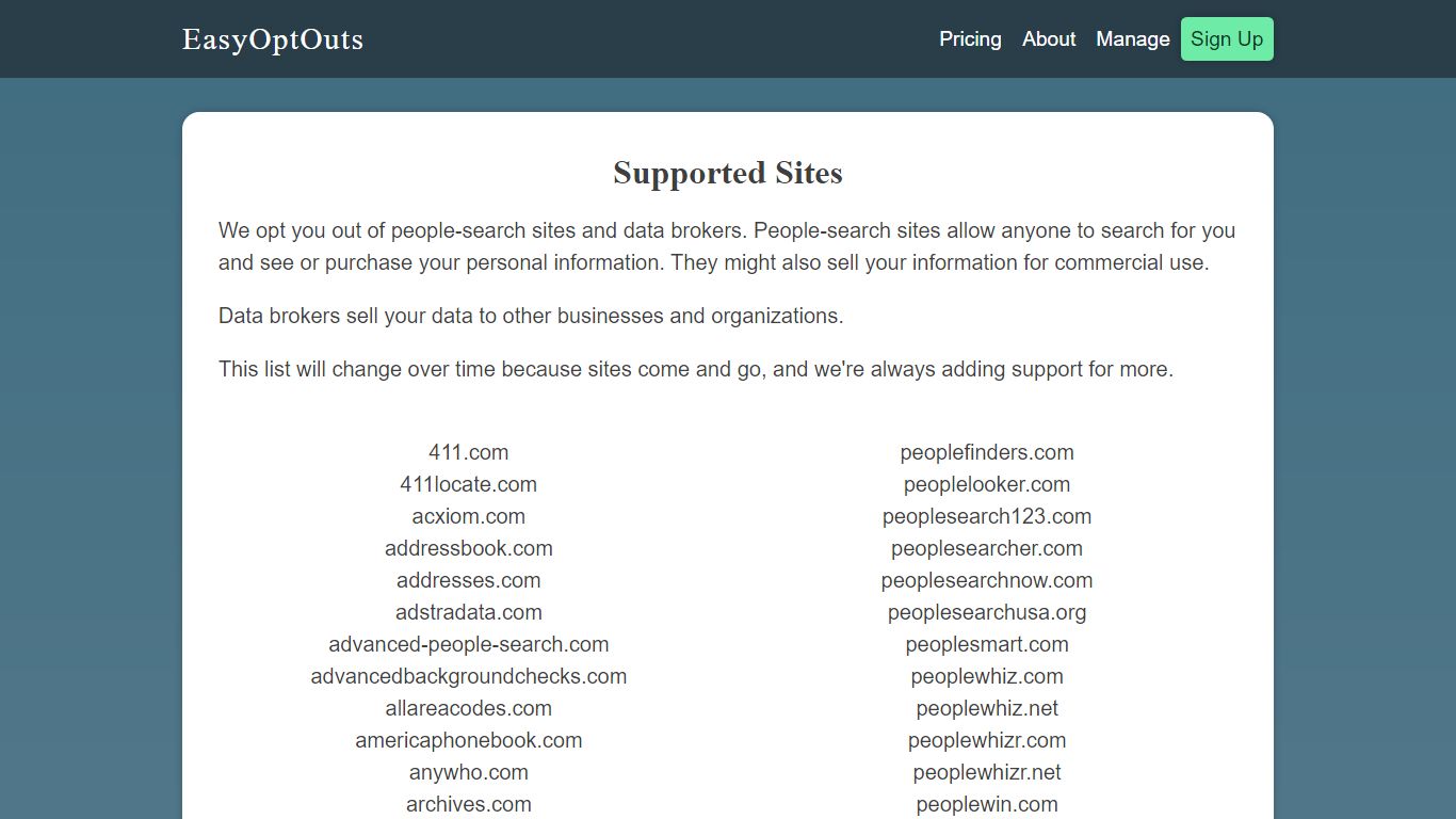 EasyOptOuts.com Supported Sites